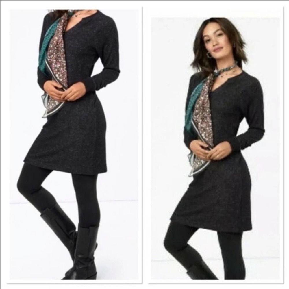 Cabi Gray Dress Charcoal Melange Knit Sweaterdress PJ V Neck Stretch S #3829